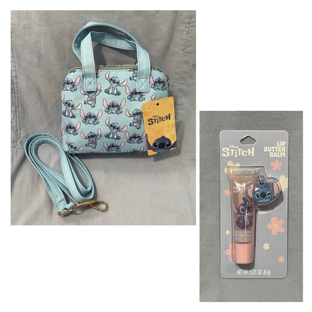NEW Walt Disney Stitch Mini Blue Crossbody Bag Purse w/Strap & Lip Butter Balm
